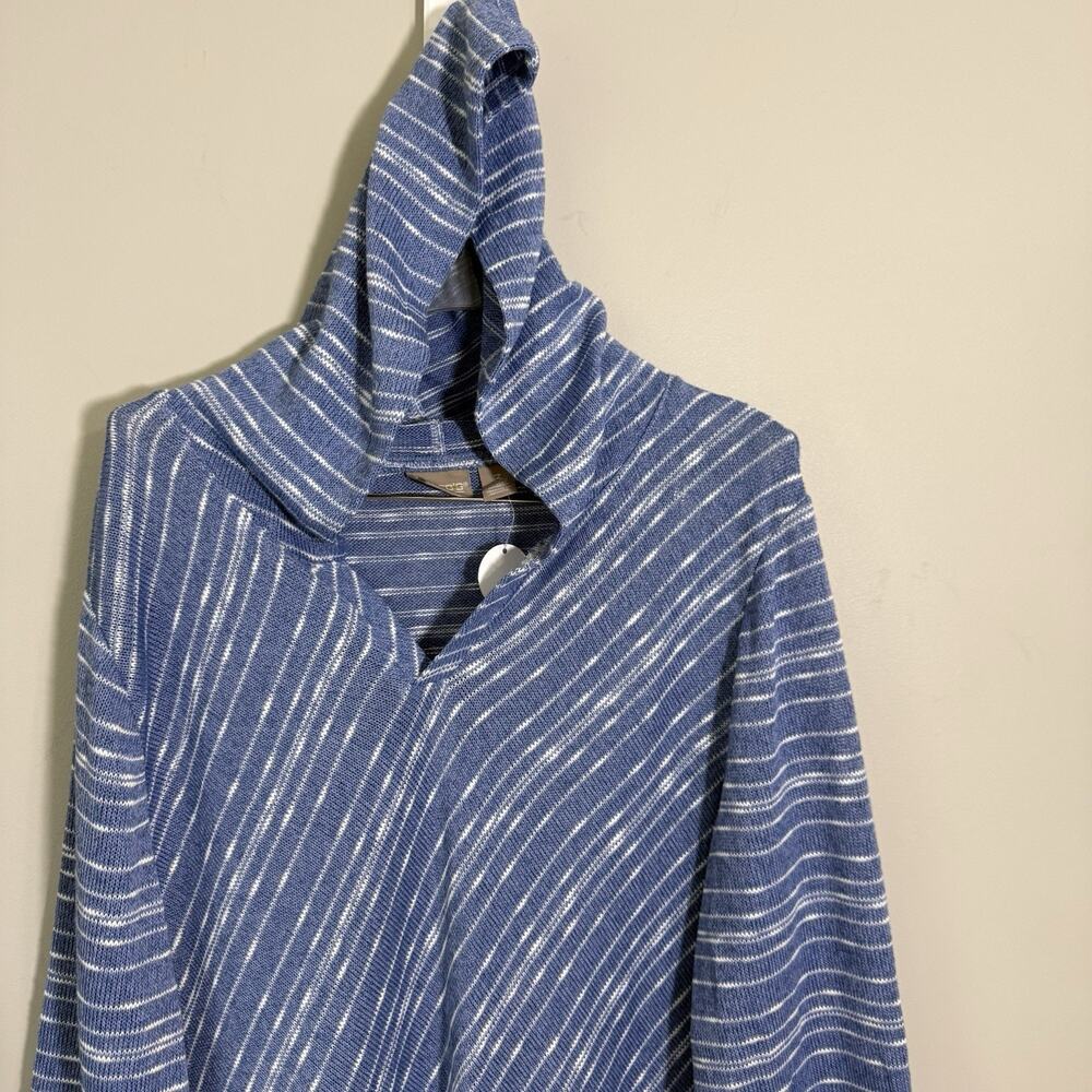 Chicos Top Size 3 US XL Blue Soft 3/4 Sleeves Hooded Tunic Striped New - Picture 2 of 5